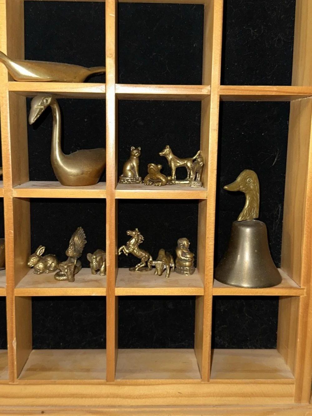 Wooden Grid Display Shelf Wall Decor in Natural Pine &brass figurines